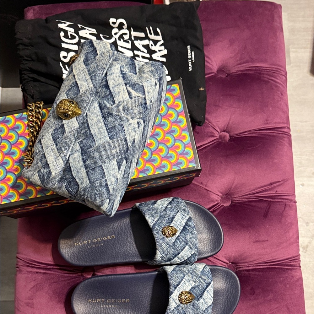 Kurt Geiger Denim Blue Slide Sandals and Matching Crossbody Bag set.